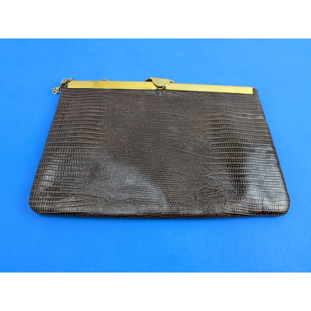 Vintage Etra Black Leather Clutch Purse, Gold Frame & Chain Handle Evening Bag